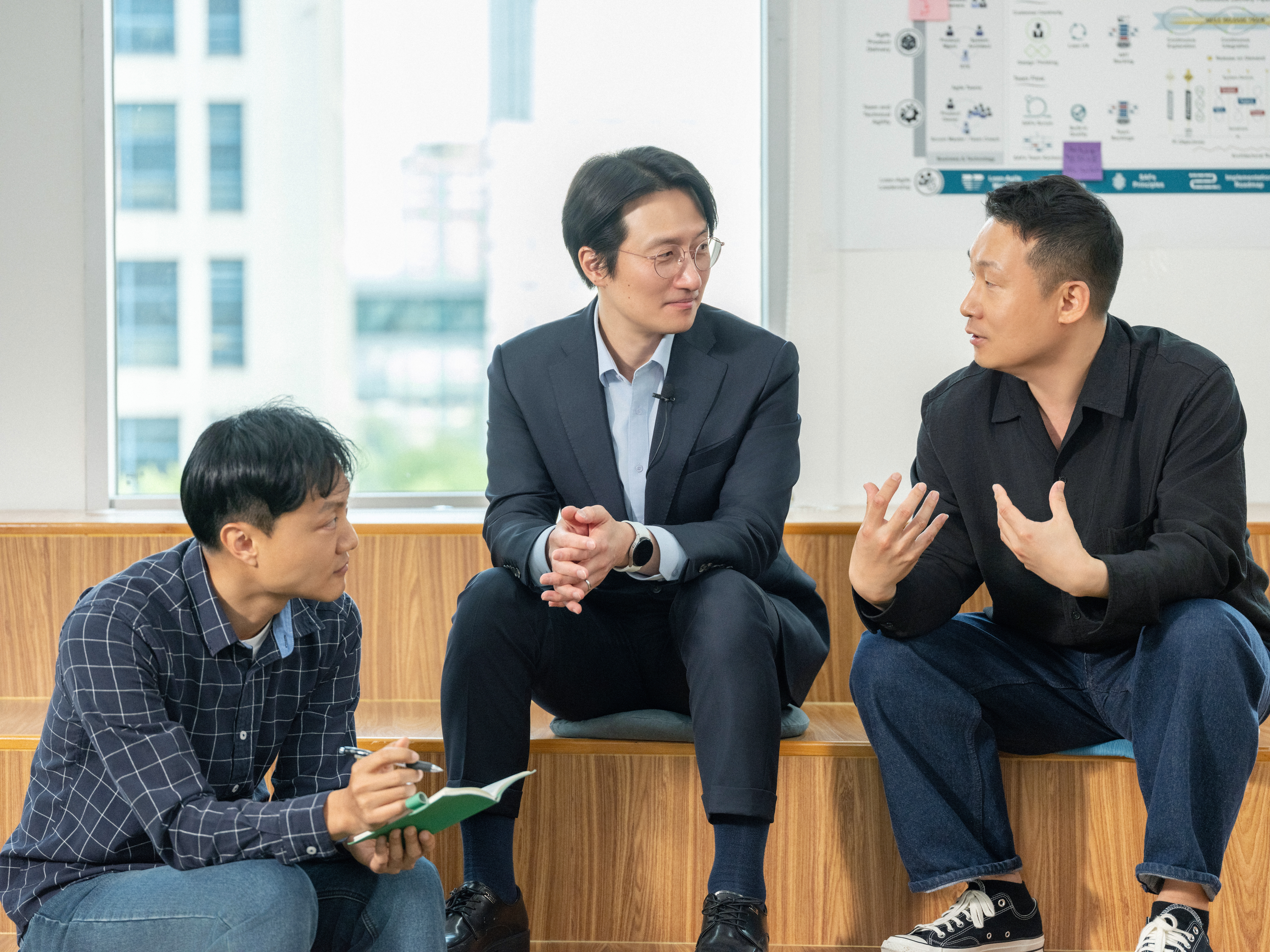이태희 AI 연구팀장이 랩장들과 함께 모여 앉아서 삼성SDS의 현안에 대해 의논하고 있는 모습입니다.