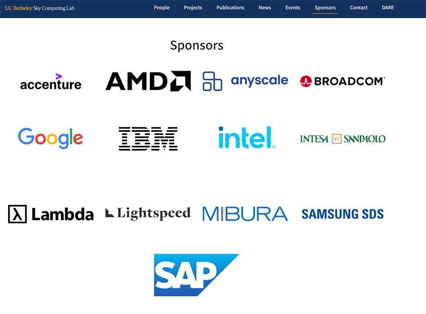UC 버클리 Sky Computing Lab 후원 기업 목록에 포함된 삼성SDS 로고 화면