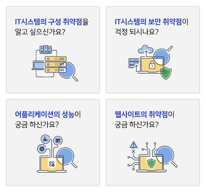 IT시스템의 구성 취약점을 알고 싶은가요?, IT시스템의 보안 취약점이 걱정되시나요? 어플리케이션의 성능이 궁금하신가요? 웹사이트의 취약점이 궁금하신가요?
