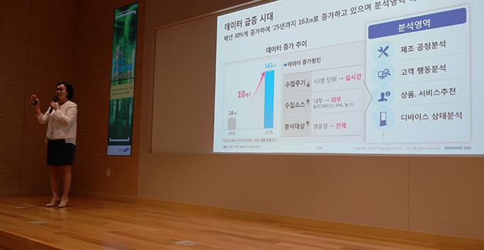 삼성SDS 윤심 전무(연구소장)가 Brightics AI에 대해 소개하고 있다