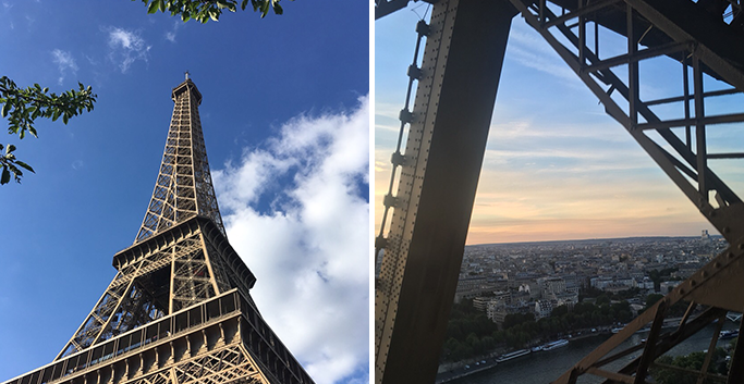 파리의 상징인 에펠탑과 그 사이로 펼쳐진 해 질 녘 파리