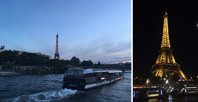 유람선에서 촬영한 센 강과 조명이 켜진 에펠탑