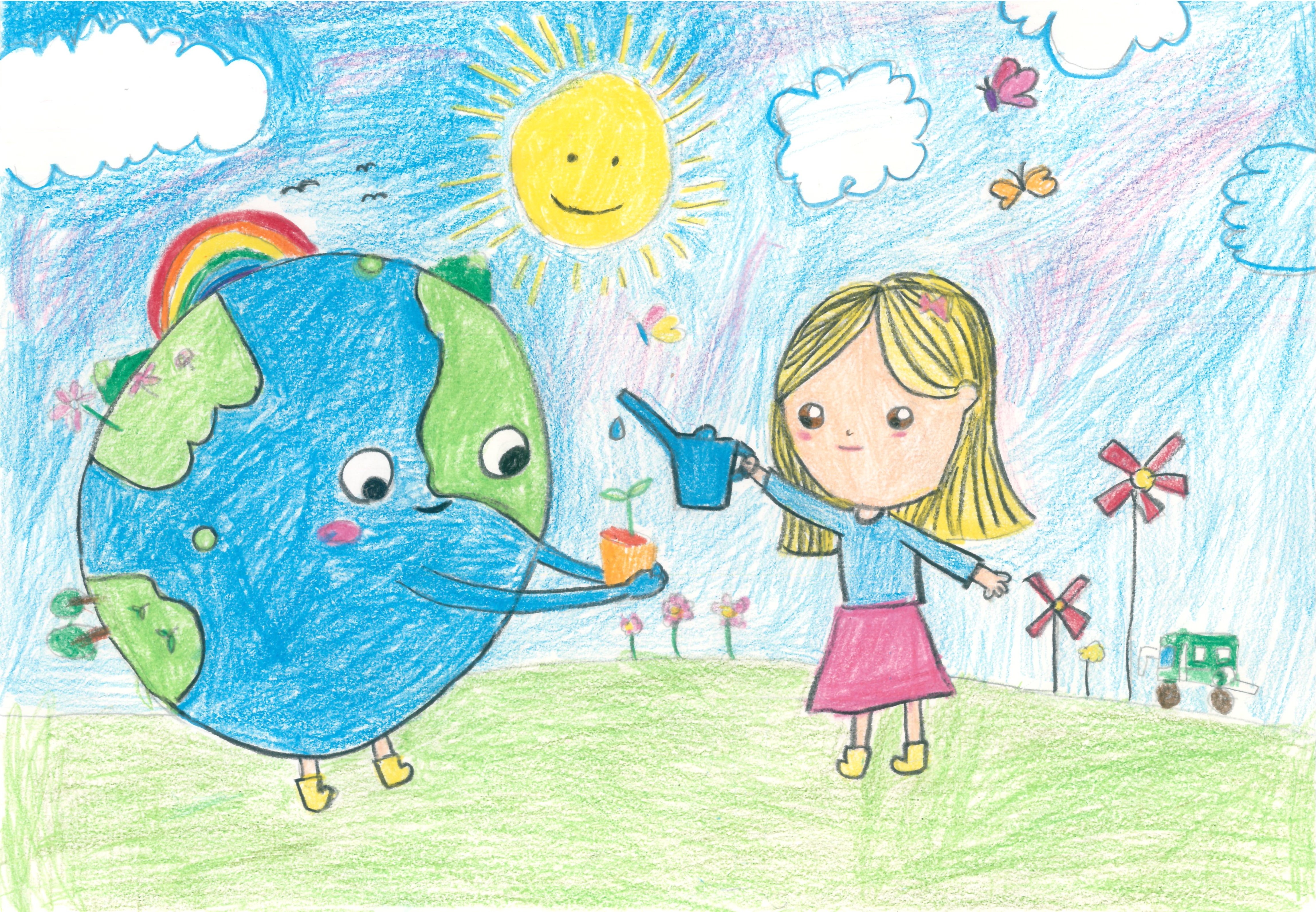 삼성SDS Kids Green 그림 공모전 유치부 수상작 — '지구와 함께 살기'. 지구와 자연이 공존하는 모습을 어린이가 그린 환경 그림
