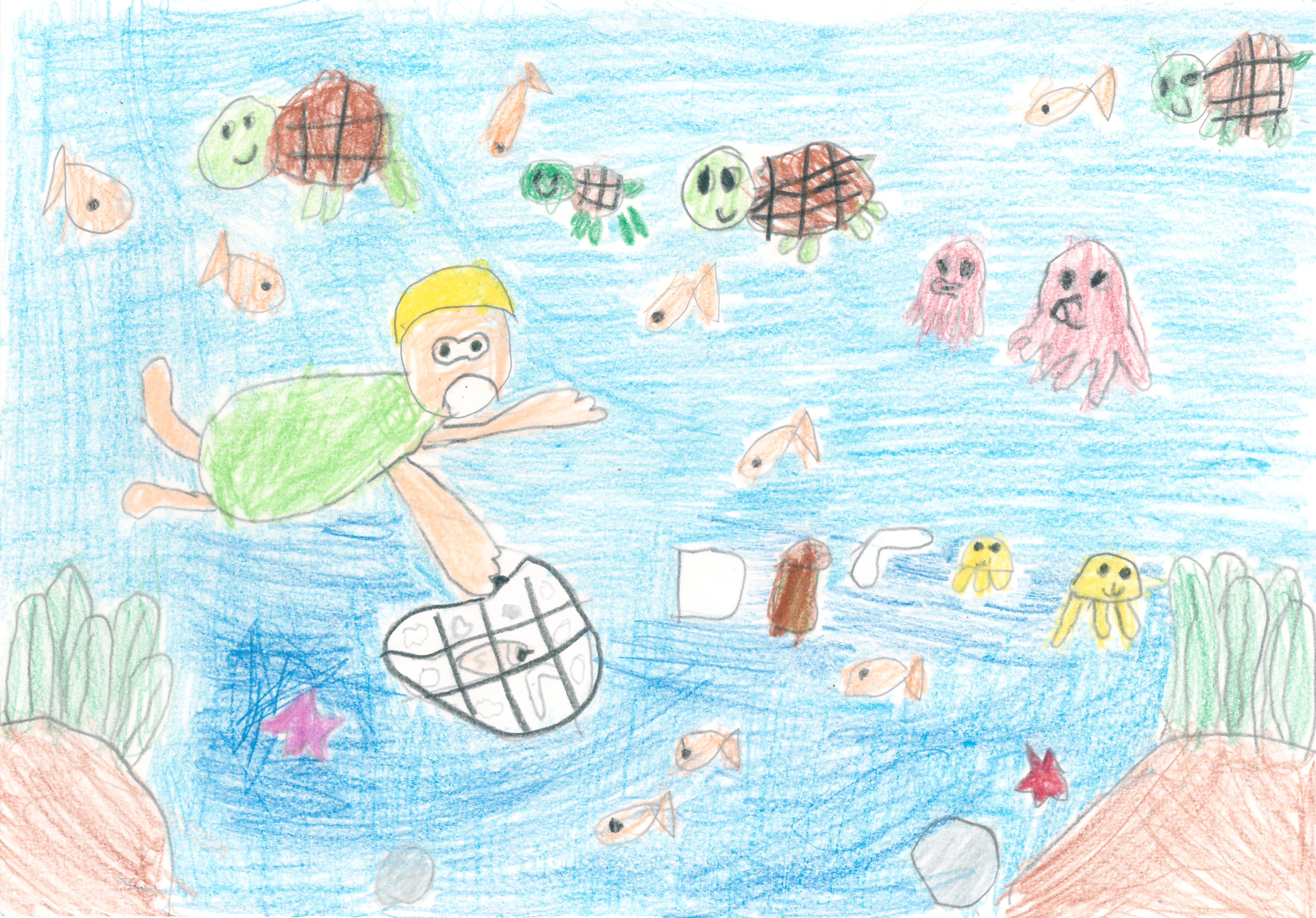 삼성SDS Kids Green 그림 공모전 유치부 수상작 — '바다 속 쓰레기를 주워요'. 바닷속 쓰레기 문제와 청소 활동을 주제로 어린이가 그린 환경 그림
