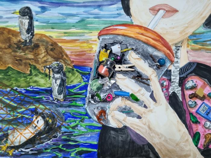 삼성SDS Kids Green 그림 공모전 초등부 수상작 — '인류가 모르는 환경파괴의 최후'. 인류의 무분별한 환경파괴가 초래할 결말을 경고하는 메시지를 담은 어린이 환경 그림