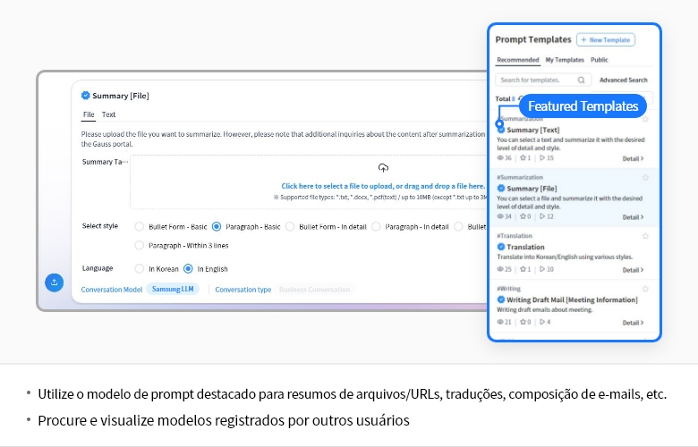 Utilize featured prompt templates (file/URL summary, translation, email composition, etc.),Search and view templates registered by other users