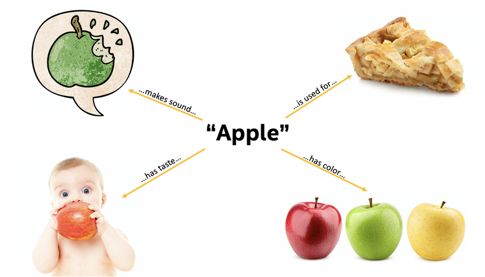 'Apple' makes sound...
'Apple' is used for...
'Apple' has taste...
'Apple' has color...